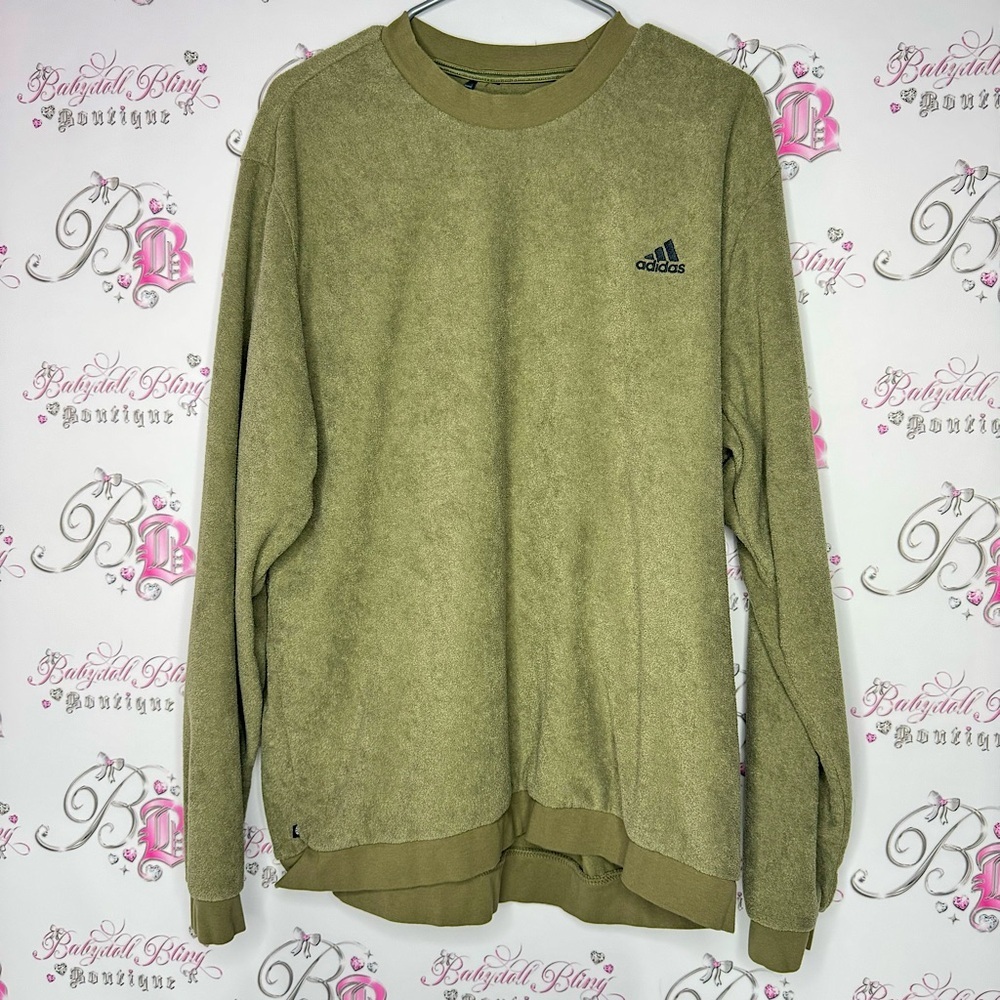 Adidas sweater soft fleece army military green pull over crew neck black logo